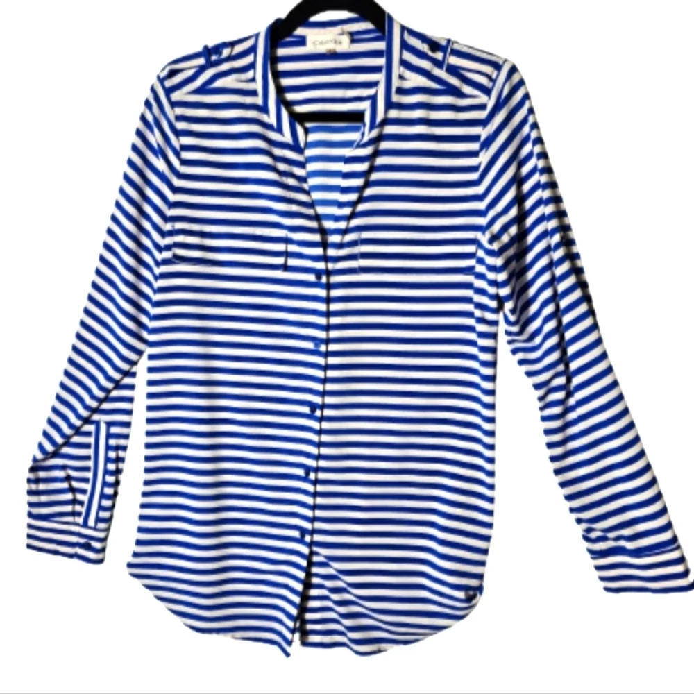 Calvin Klein Cobalt Blue and White Women's Blouse Size Medium